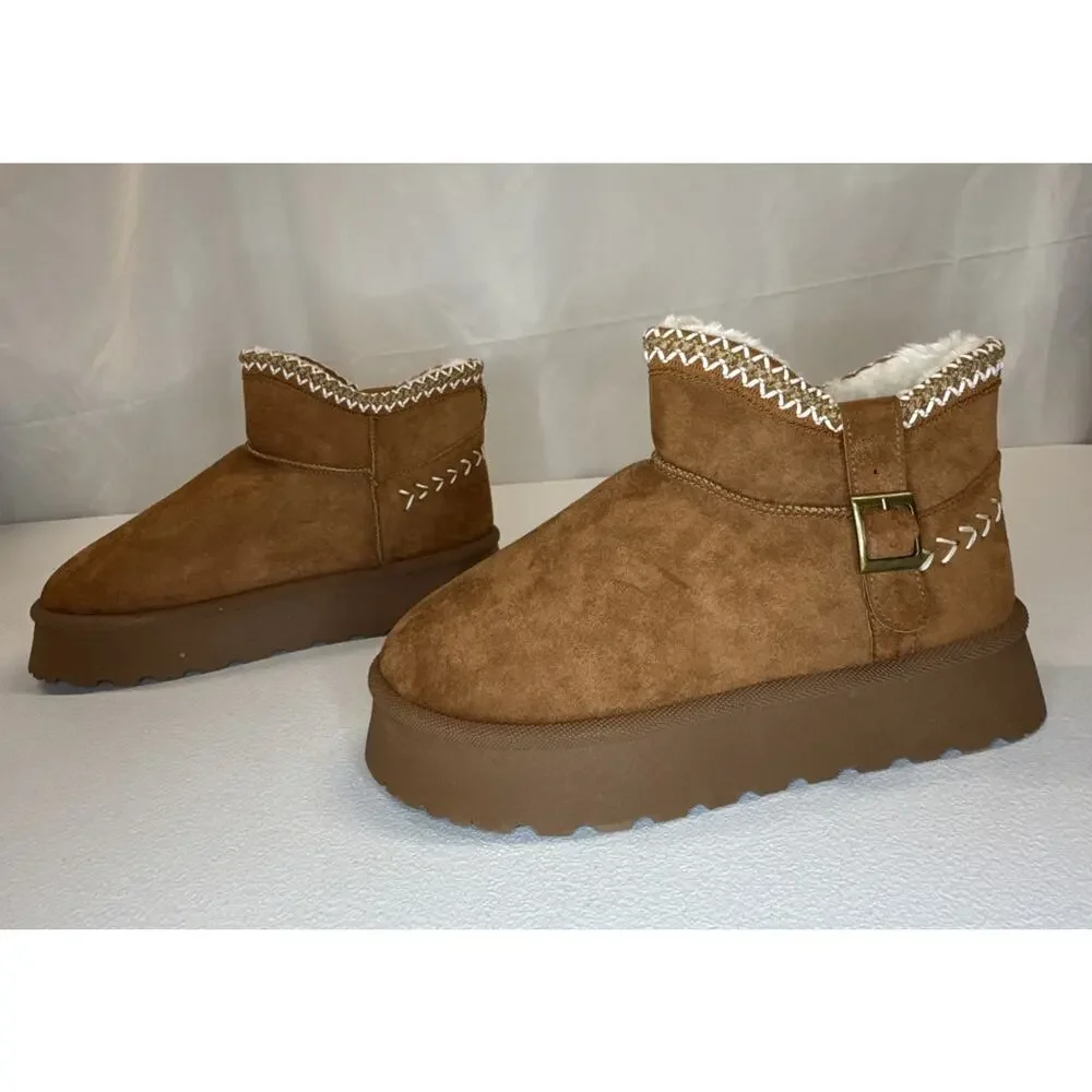 Women’s Suede Ankle Booties Chestnut Brown Faux Fur Platform Winter Size 9